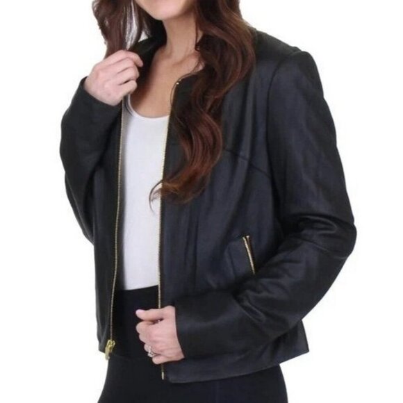 New Via Spiga Black Leather Stretch Fabric Combo Zip Moto Jacket - Picture 4 of 13